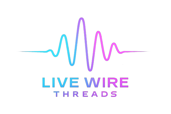 new logo concept for 'Live Wire Threads' with a cyberpunk aesthetic, focusing on vibrant colors and unique designs:

1.  **Solid Line Electric Pulse:** An aesthetically pleasing uniform depiction of an electric pulse or sound wave with a neon glow effect, using electric blues, vibrant purples, and hot pinks.